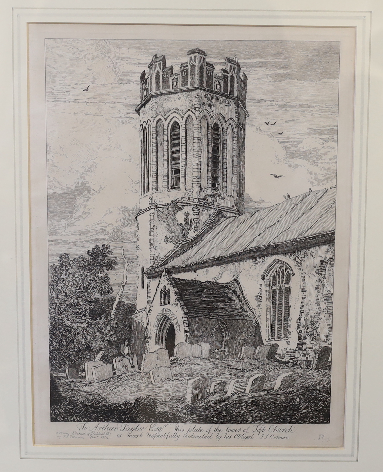 John Sell Cotman (1782-1842), six etchings including ‘The Tower of Toft Church’, ‘Kirkham Priory, York’ and ‘Stone Figure, Walsingham’, largest 35 x 27cm